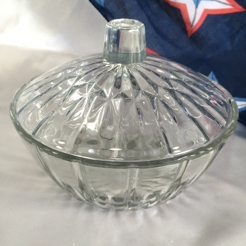 Vintage Clear Cut Glass Covered Candy Dish | Starburst Ribbed Lidded Bowl